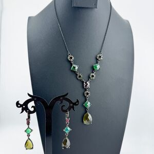 Vintage Avon Green Smokey Rhinestone Necklace & Earrings Parure Gatsby Glam